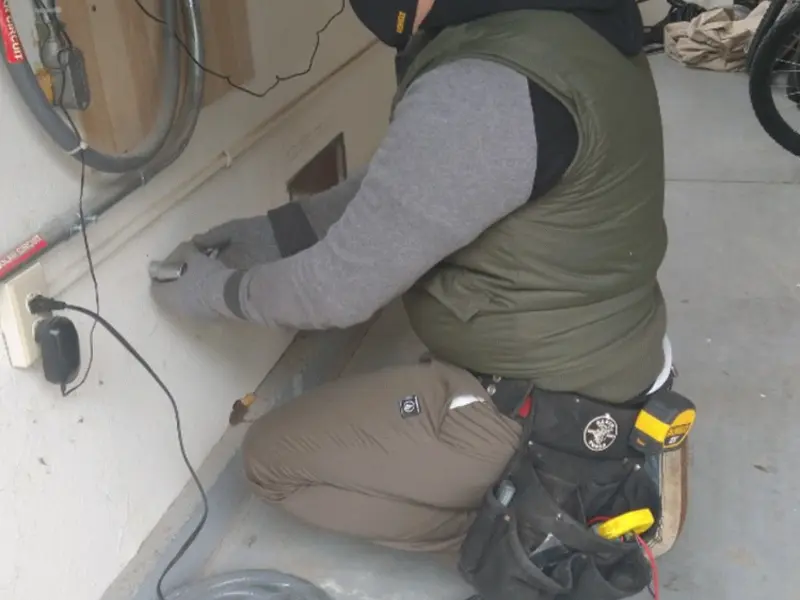 Electrician performing outlet wiring in a Rainbow Springs garage